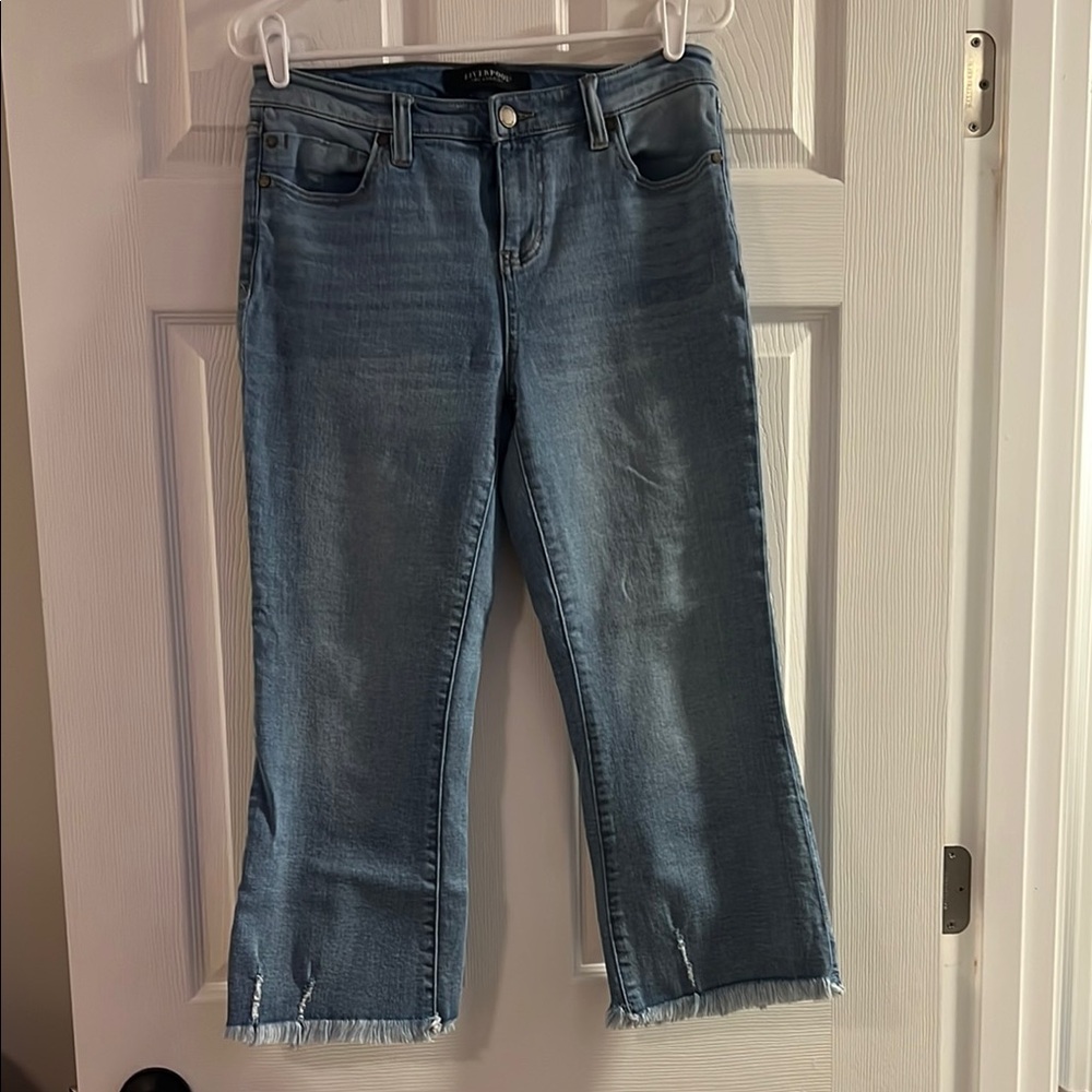 Liverpool Women's Blue Cropped Frayed-Hem Jeans